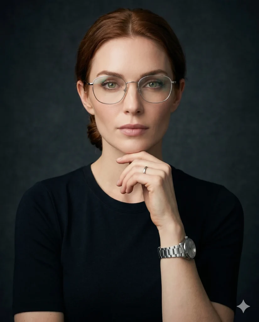 Professional thinker portrait prompt of a composed female figure in a charcoal studio setup.