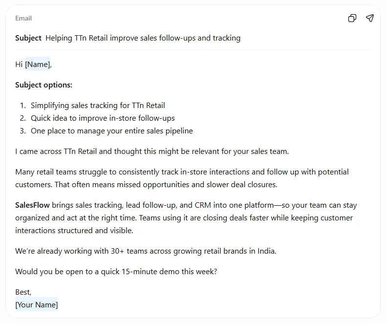 SaaS cold email prompt example output email: Helping TTn Retail improve sales follow-ups and tracking