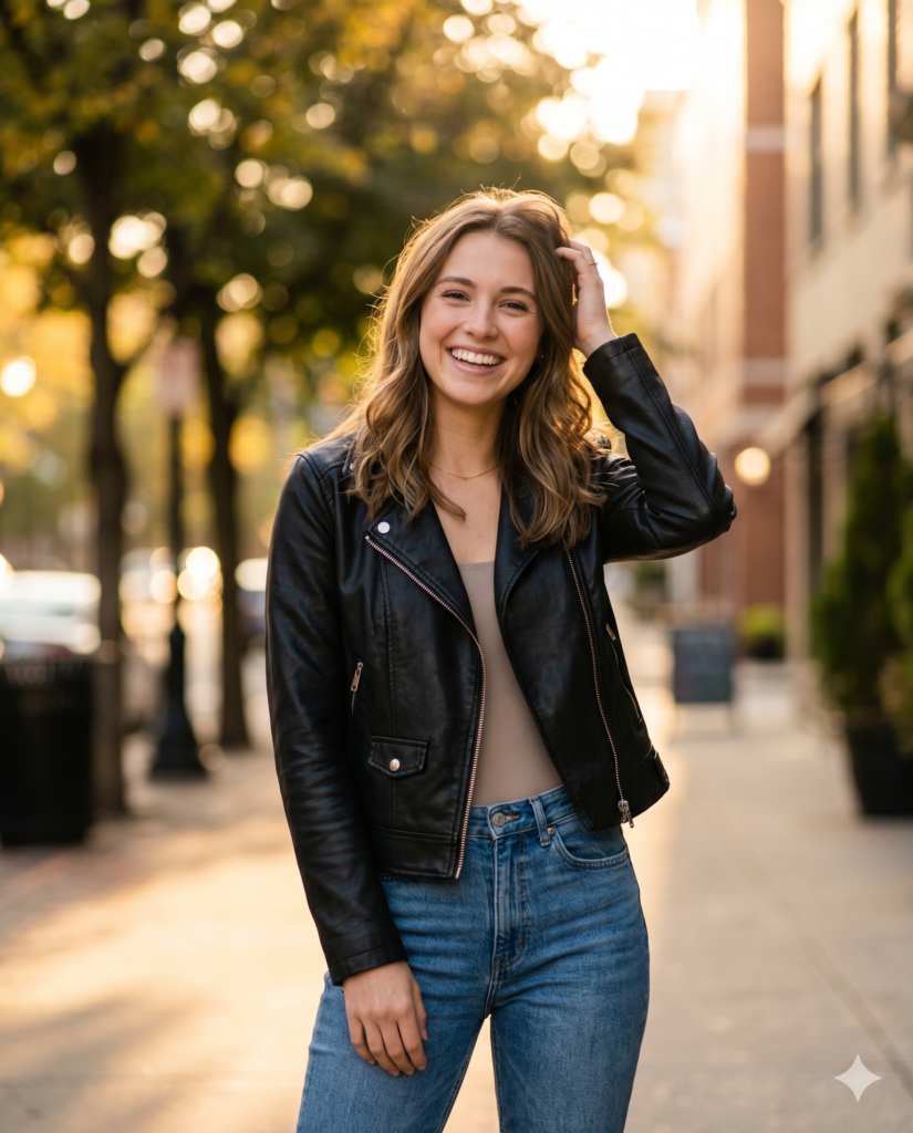 A stylish woman enjoys the warm golden hour light. She wears a classic black leather jacket paired with relaxed denim. The urban street behind her fades into a soft blur to keep the focus on her relaxed expression.