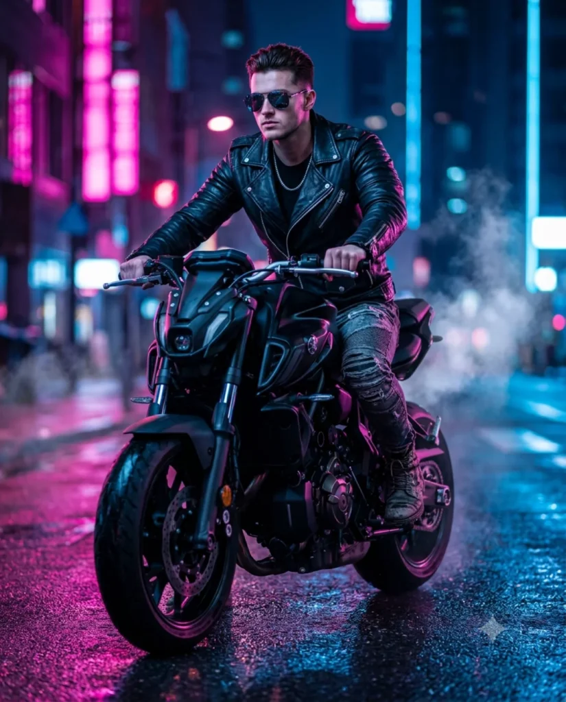 A bike ai prompt rendering of a young man riding a sleek black motorcycle down a rain-slicked neon street at midnight.