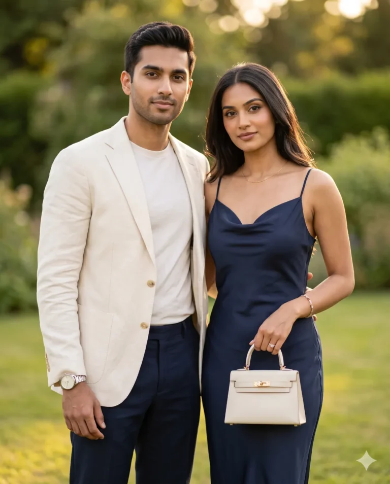 gemini couple prompt generating an elegant man and woman standing outdoors in a garden during a romantic golden hour sunset