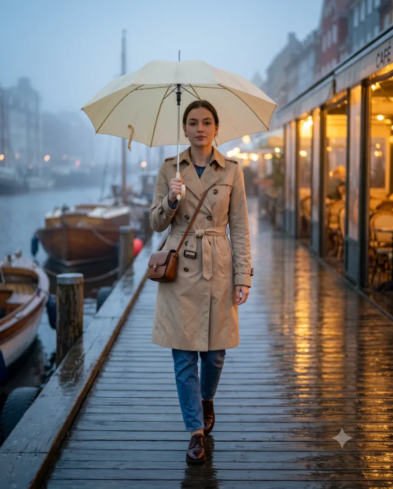 Cinematic Moody Realism of a young woman in a trench coat walking on a rainy wooden pier at twilight.