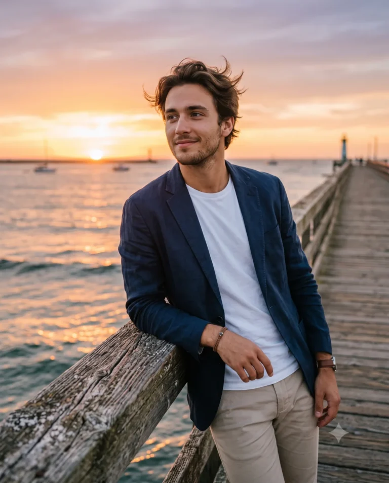 A young man on a wooden pier featured in a cinematic sunset portrait with warm golden hour lighting.