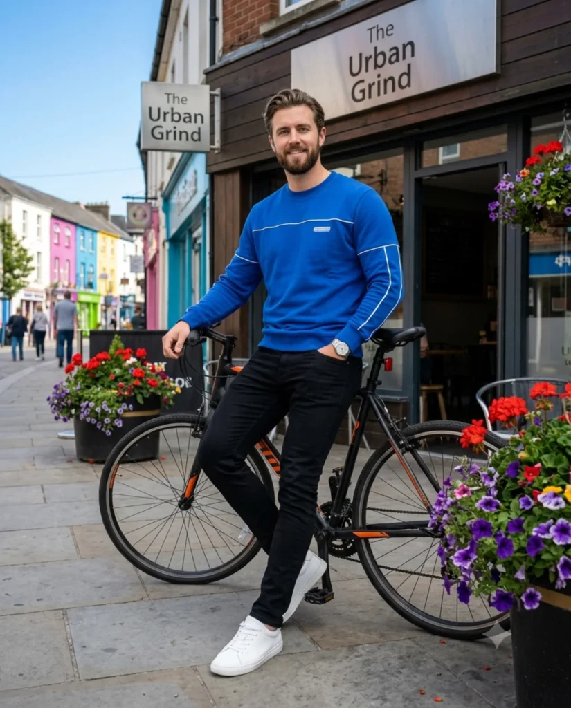 A photorealistic cinematic full body portrait of a man leaning on a bicycle outside a stylish urban cafe.