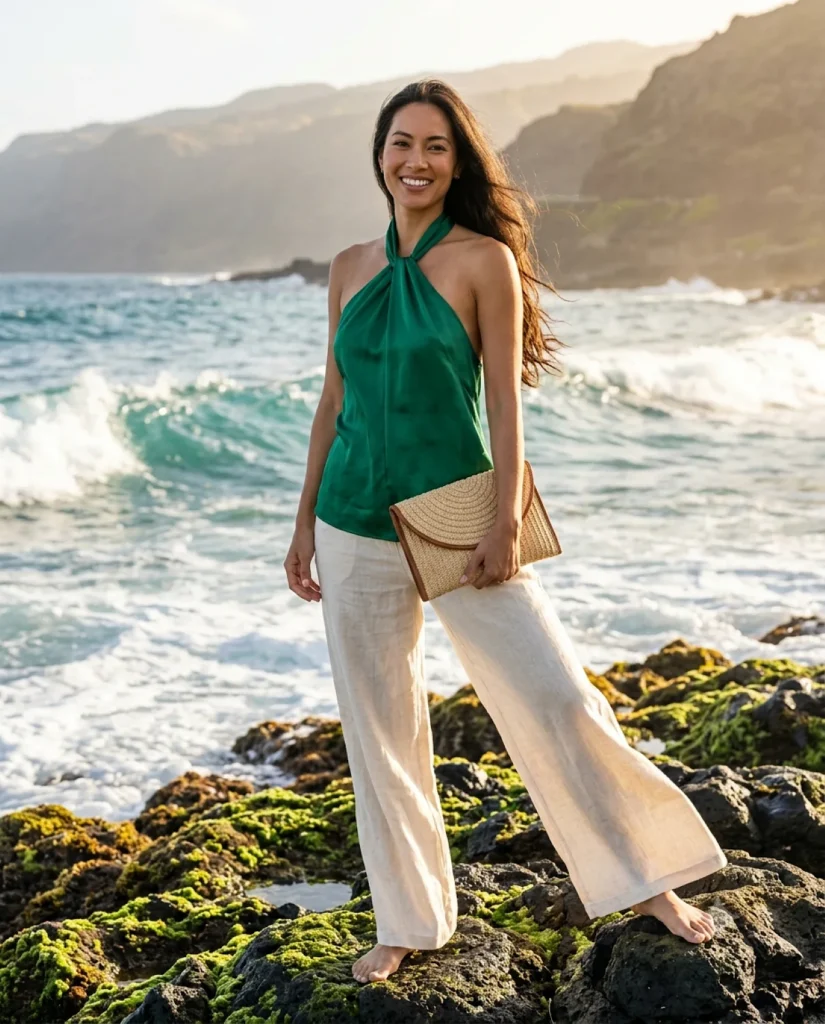A premium Coastal Fashion Portrait of a woman in an emerald silk top and cream trousers by the ocean.