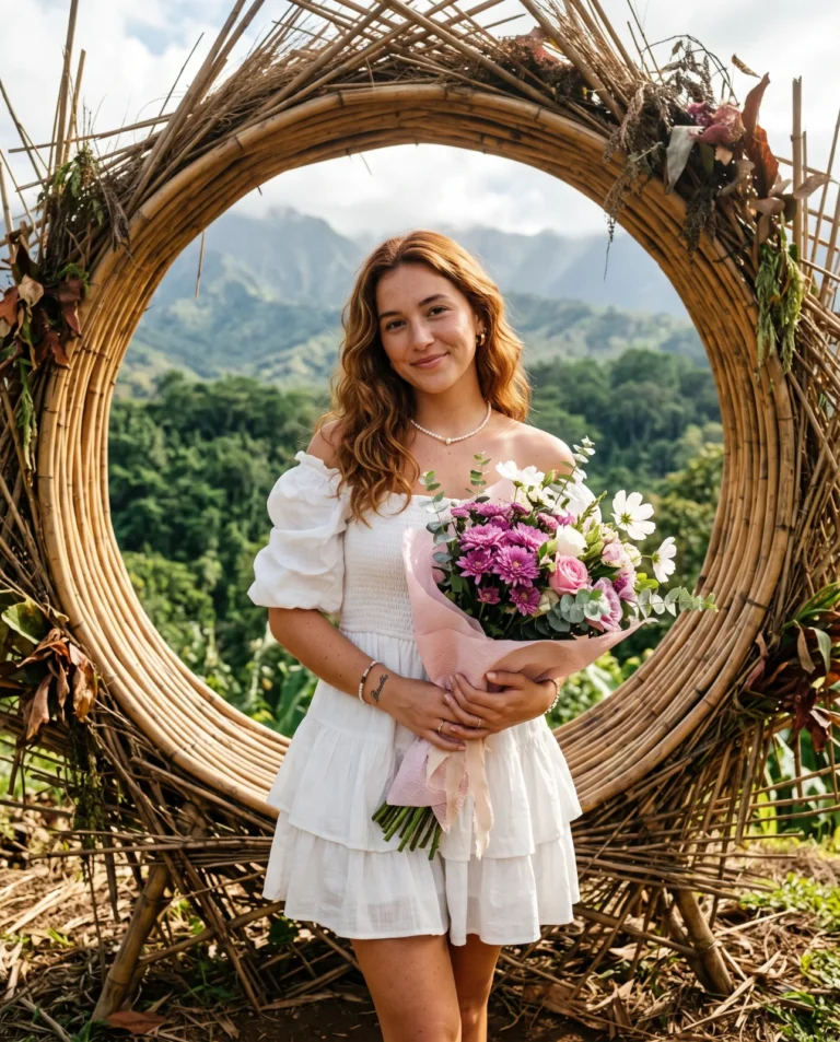 Nature Portrait Photography of a woman wearing a white dress in a large bamboo nest holding a floral bouquet.