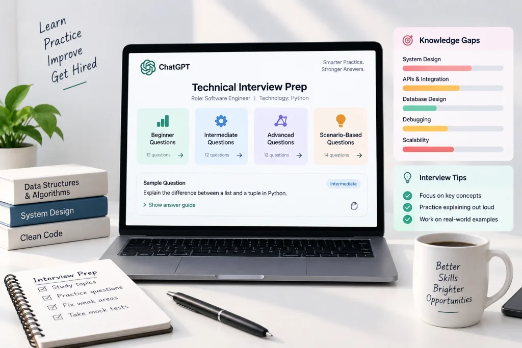 An AI tool analyzing technical questions to help a candidate identify weak areas before a job interview.