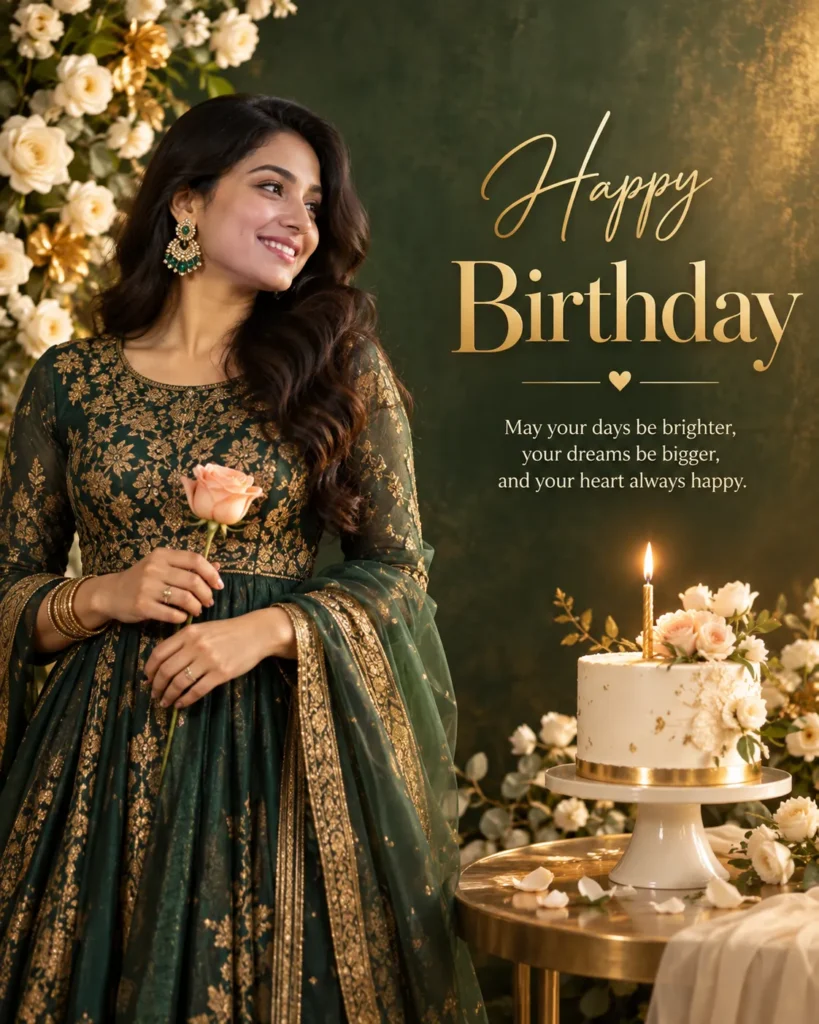 Elegant Happy Birthday greeting poster featuring a portrait of a smiling woman and clean typography