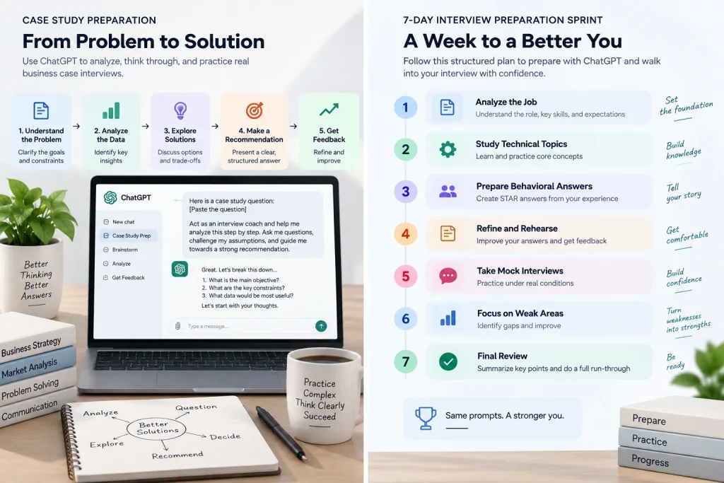 A laptop screen displaying a 7-day job interview preparation schedule and business case study workflow.