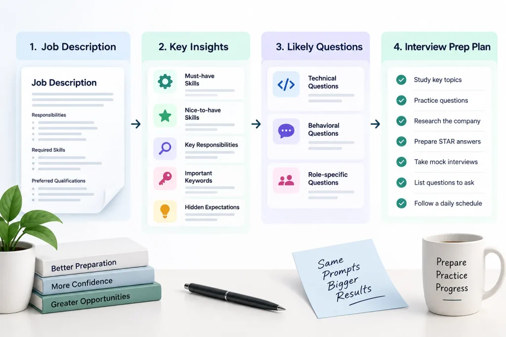 A digital interview preparation plan showing how to use ChatGPT prompts for interview planning based on a job description.