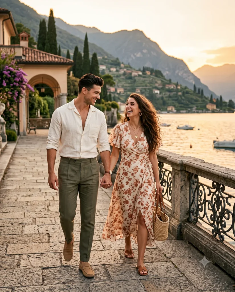 A photorealistic candid couple portrait showing a styled man and woman walking near an Italian lake at sunset.