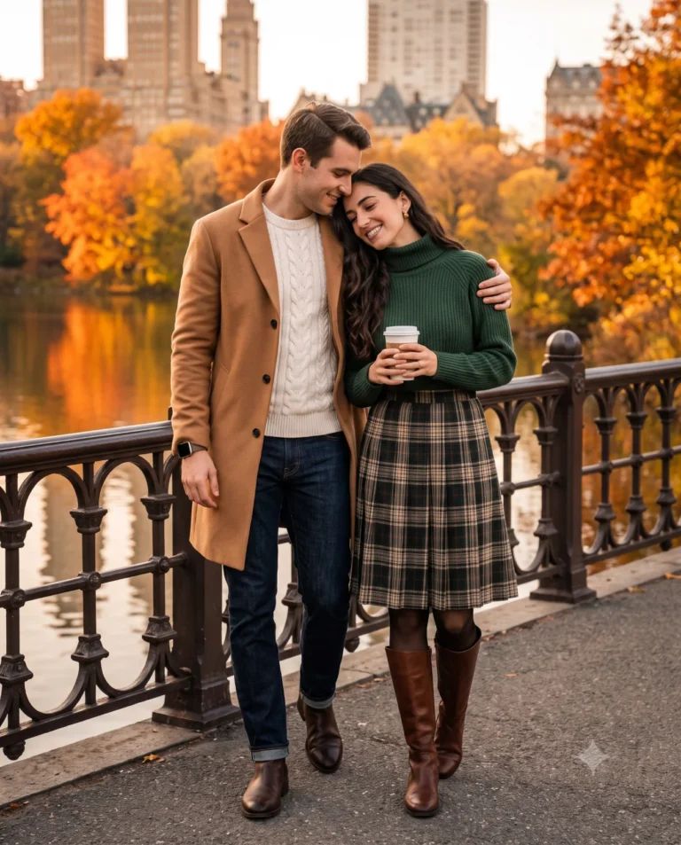 A photorealistic cinematic couple portrait of a styled man and woman walking across a Central Park bridge in autumn.