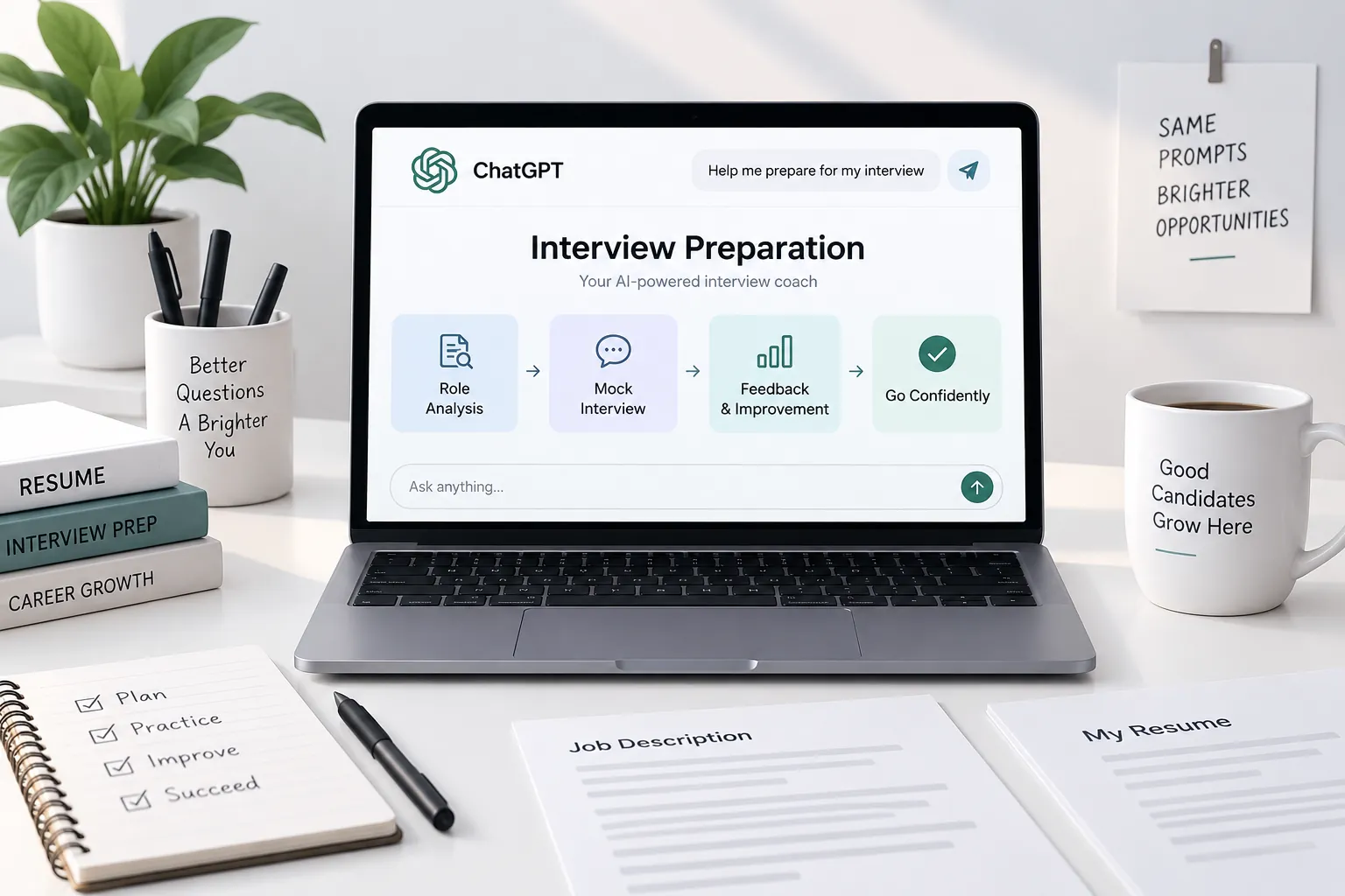 A laptop on a desk displaying a digital AI workspace for job interview preparation, illustrating the use of ChatGPT Prompts for Interview practice.